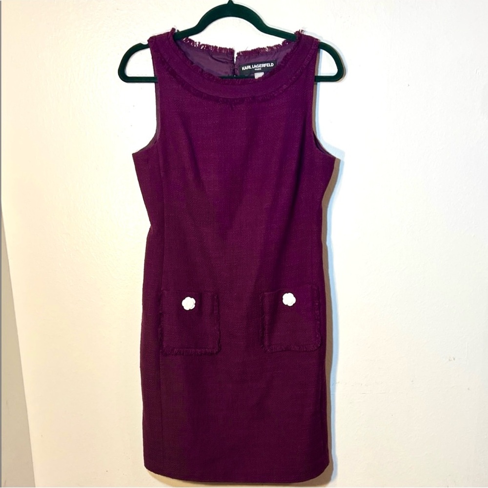 Karl Lagerfeld Deep Purple Aubergine Tweed Dress Ivory Rose Buttons Sz 6